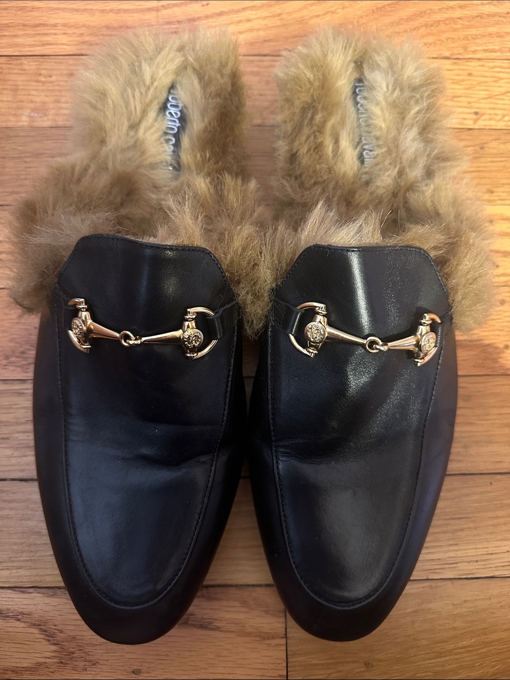 Roberto Cavalli Black Leather Fur-Lined Slip-On Loafers with Gold Hardware - Picture 2 of 6